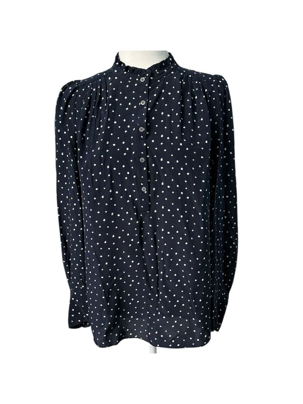 Hatch x J. Crew Silk Ruffle Popover Shirt in Navy Blue Fits Small Medium